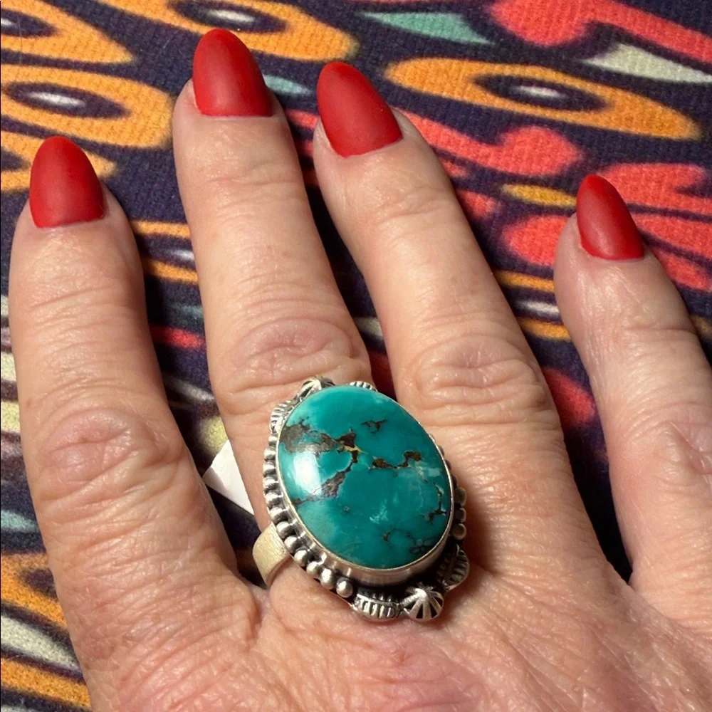 Turquoise Sterling Silver Statement Ring 925 adjustable band - Picture 4 of 7